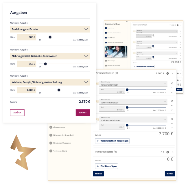 Beispiel einer digitalen Finanzplanungsoberfläche mit interaktiven Formularen zur Erfassung von Ausgaben, Verbindlichkeiten und Vermögenswerten, dargestellt mit Schiebereglern und Eingabefeldern